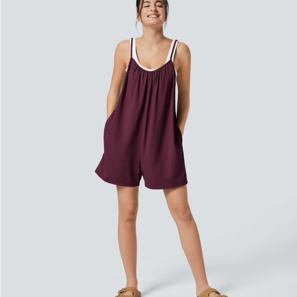 HALARA Spaghetti Pocket Wide Leg Casual Jumpsuit L NWT Burgundy Dark Crimson